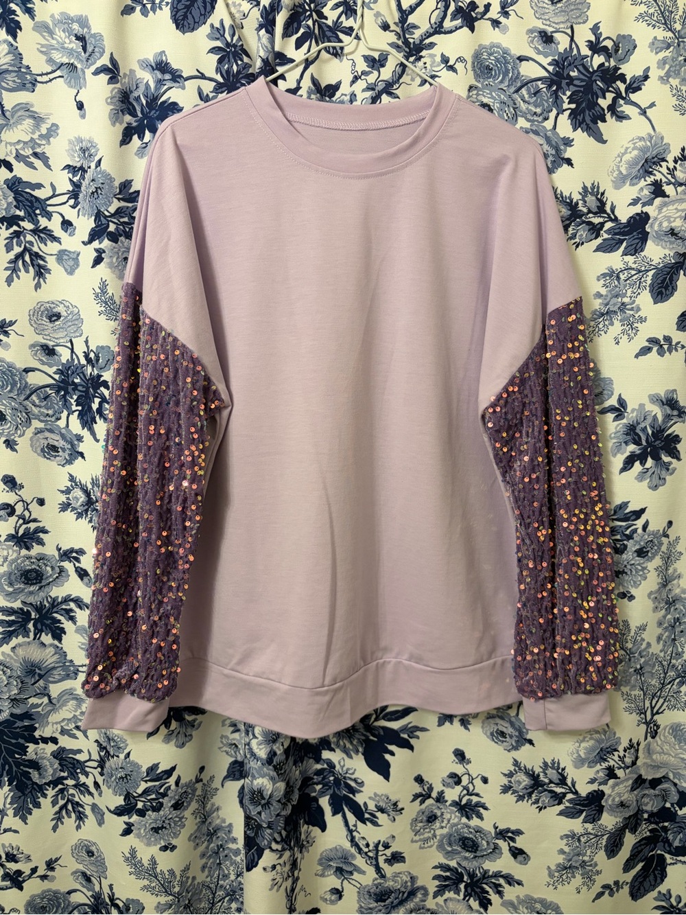 Women’s Lilac Pullover Top with Sequin Knit Sleeves